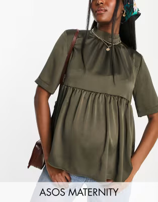 ASOS DESIGN Maternity high neck short sleeve peplum smock in satin | ASOS (Global)