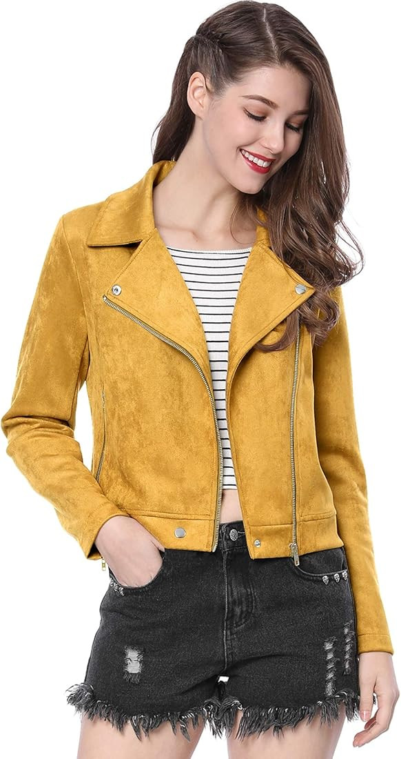 Allegra K Women's Short Soft Zip Up Faux Suede Biker Moto Jacket | Amazon (US)