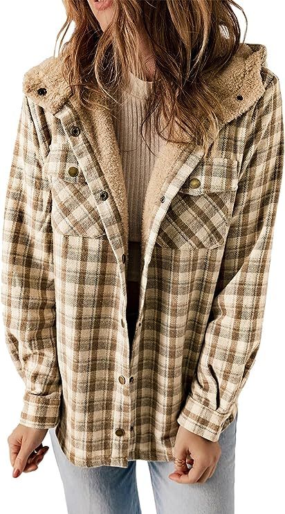 Dokotoo Womens Plaid Shacket Jacket Long Sleeve Button Down Fleece Hooded Jackets Warm Coat | Amazon (US)