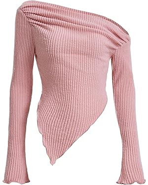 COZYEASE Women's Off Shoulder Long Sleeve Tops Asymmetrical Hem Slim Fit Ruched Ribbed Knit Crop ... | Amazon (US)