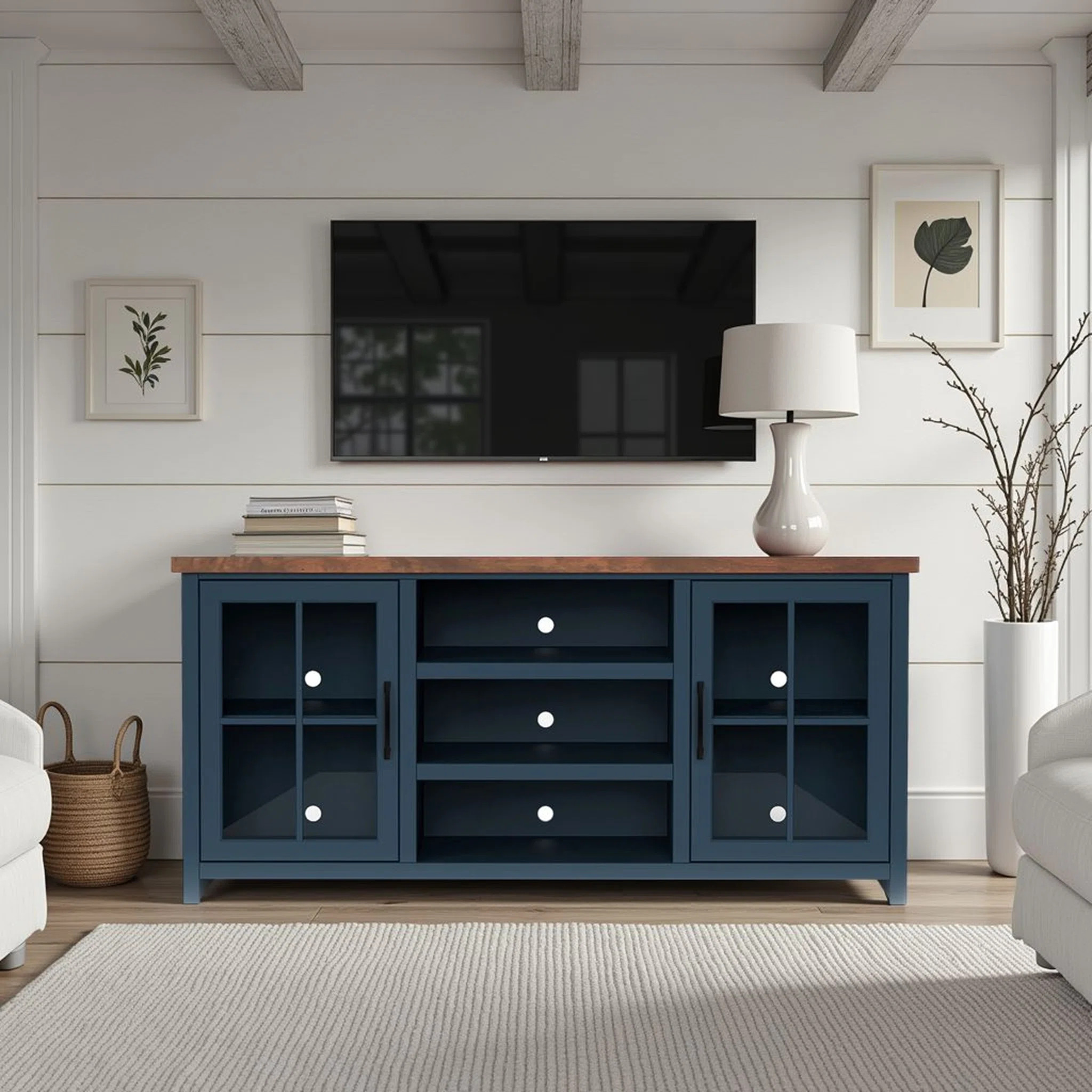 Brixham 67" Farmhouse TV Stand for TVs up to 80", Wood Top, Storage Cabinet with Shelves & Cable ... | Wayfair North America
