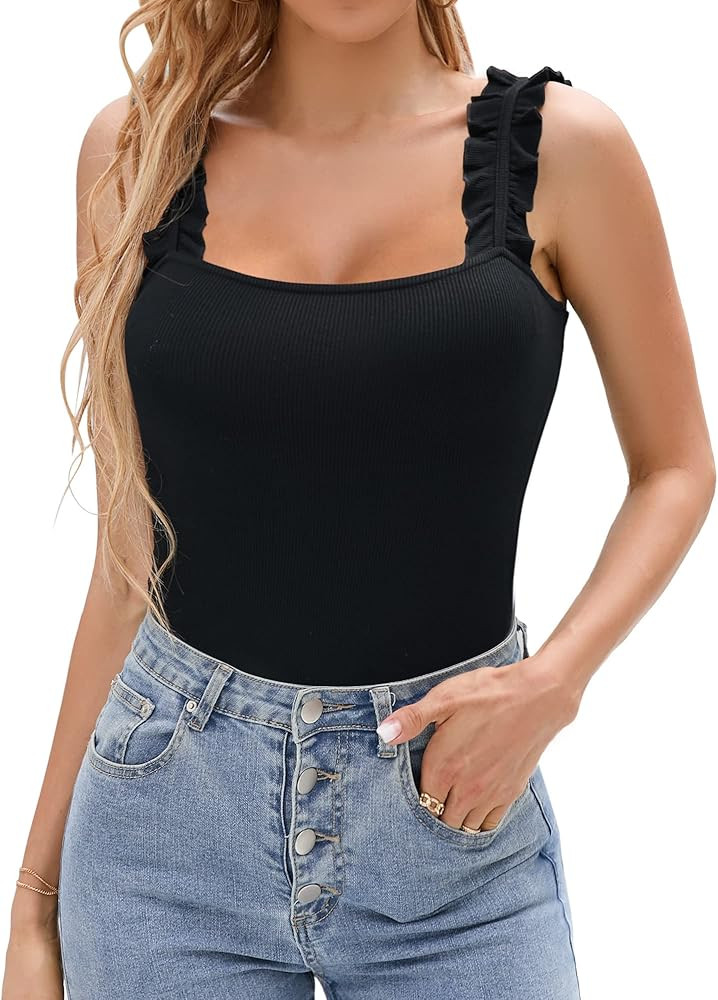 HERLOLLYCHIPS Sexy Tank Tops for Women Square Neck Ruffle Strap Ribbed Knit Tight Stretchy Sleeve... | Amazon (US)