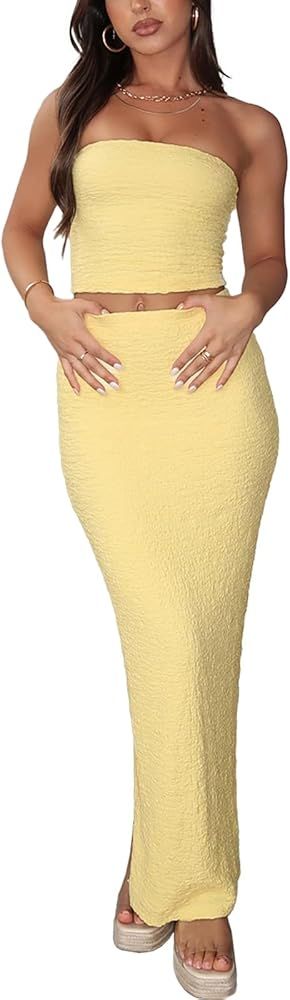 Two Piece Skirt Outfits for Women Sleeveless Tube Tops Bodycon Sexy Maxi Dress 2 Piece Summer Y2K... | Amazon (US)