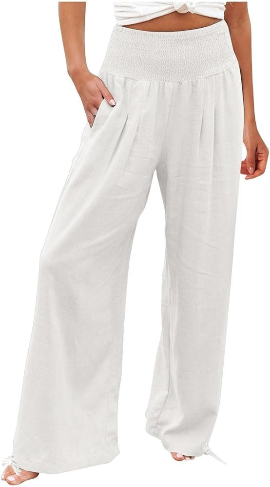Womens Linen Pants Beach Vacation Boho Outfits Summer Fashion 2026 Wide Leg Pants Flowy High Wais... | Amazon (CA)
