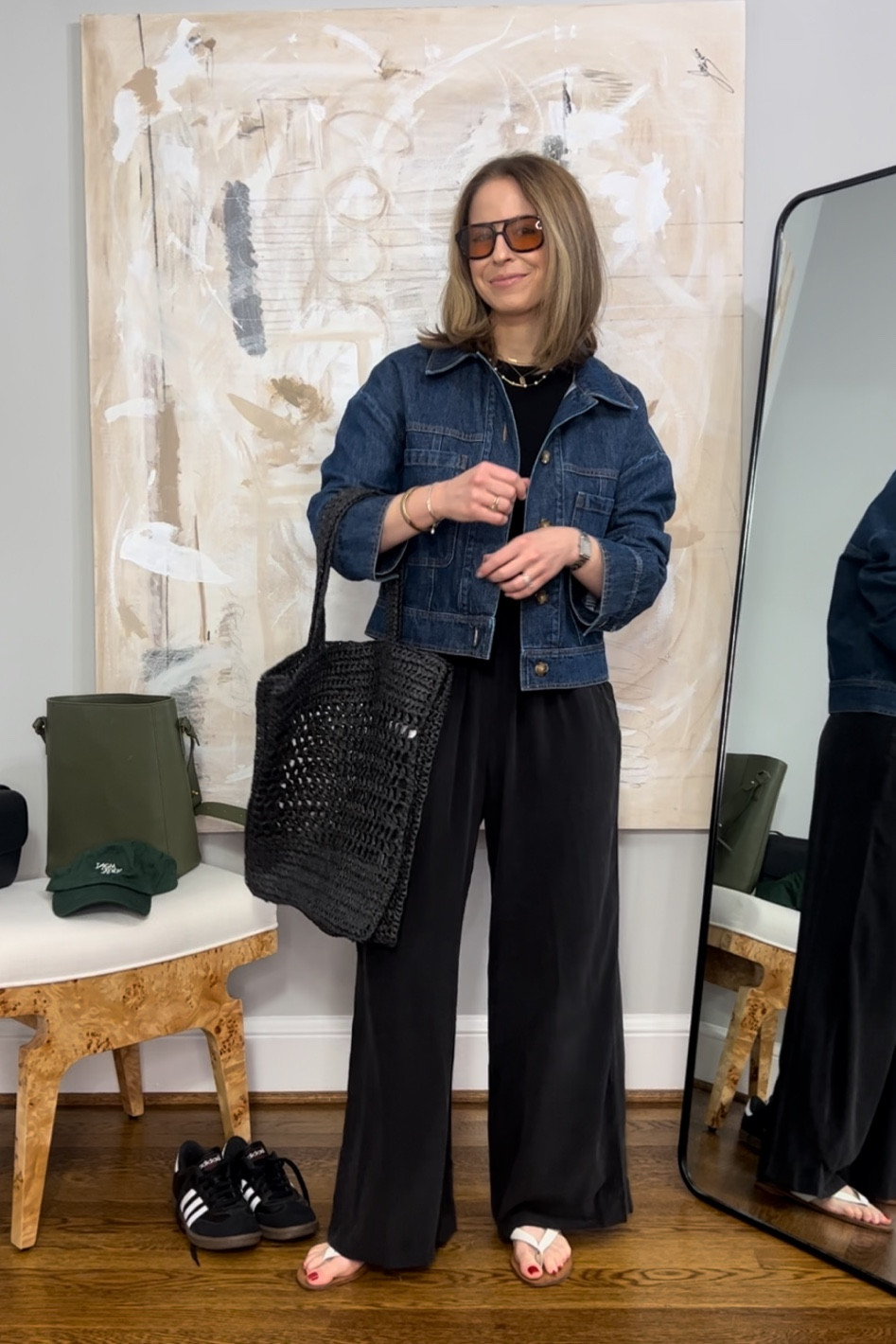 Black silk pants Splendid KELLY20 to save
Black tank top and denim jacket Sezane
Old navy black woven tote bag
White flat thong sandals
Retro framed sunglasses 

#LTKunder50 #LTKunder100 #LTKstyletip