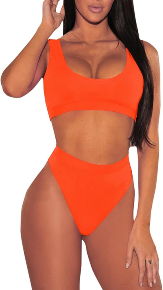 Pink Queen Women's Crop Top High Waisted Cheeky Bikini Set Two Piece Swimsuits | Amazon (US)