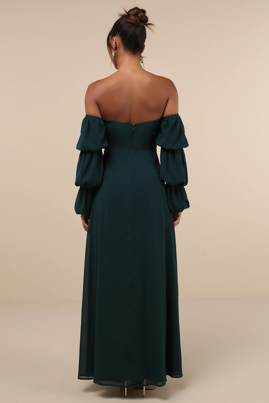 Demure Aura Emerald Tiered Balloon Sleeve Off-the-Shoulder Dress | Lulus