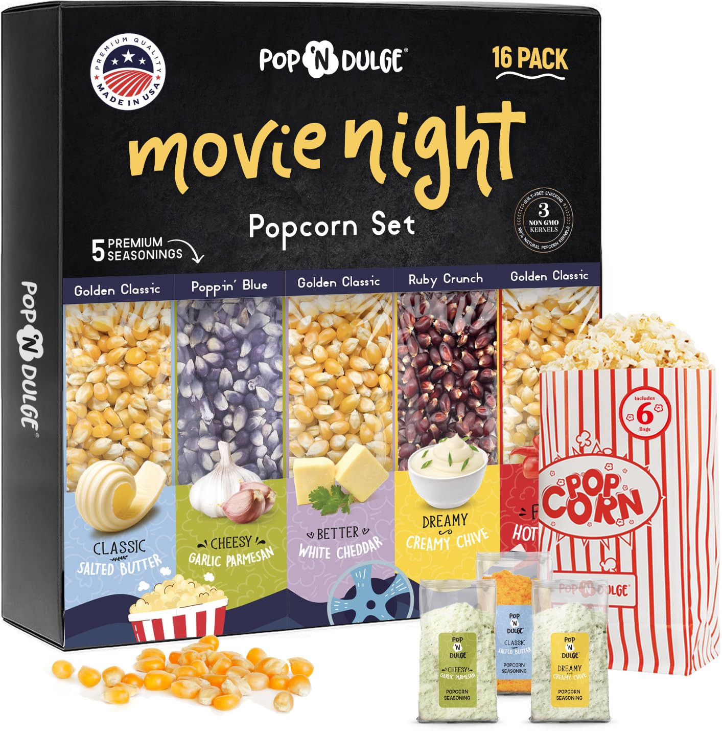 Pop n' Dulge Popcorn Movie Night Supplies 16 pcs Gift Set, 5 Gourmet Popcorn Kernels, 5 Seasoning... | Amazon (US)