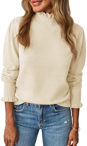 Saodimallsu Womens Ruffle Mock Neck Sweater Puff Long Sleeve Fall Soft Knit Casual Pullover Sweat... | Amazon (US)