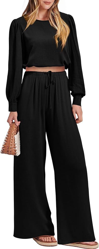 PRETTYGARDEN Women's 2023 Fall Two Piece Outfits Long Sleeve Crop Tops Wide Leg Pants Pockets Cas... | Amazon (US)