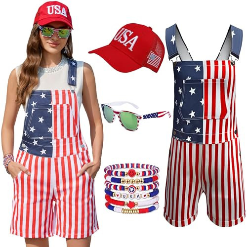 OPDNBON American Flag Overalls Women,USA Hat,Patriotic Sunglasses,Independence Day Bracelets,4 Pcs 4th of July Outfits(American Flag,S) | Amazon (US)