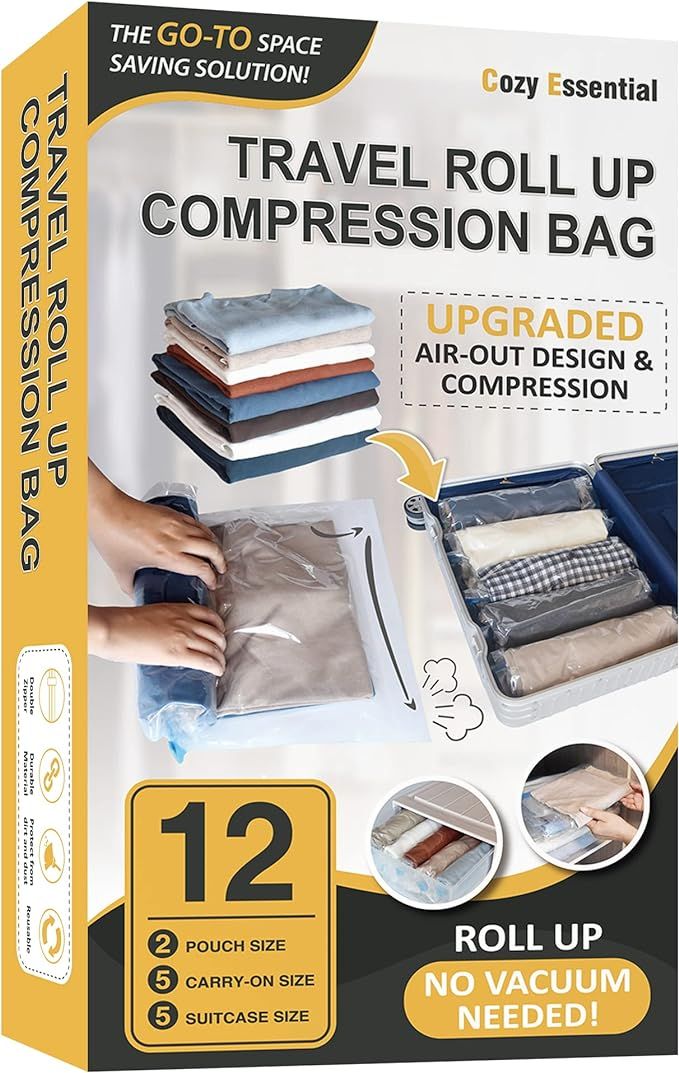 12 Hand Roll Up Compression Travel Bags-Space Saver Bags for Luggage and Cruises (5 Large, 5 Medi... | Amazon (US)