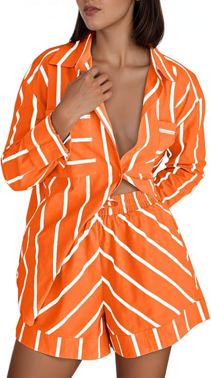 Tankaneo Womens Striped 2 Piece Outfits Button Down Shirts and Shorts Lounge Matching Set Orange ... | Amazon (US)