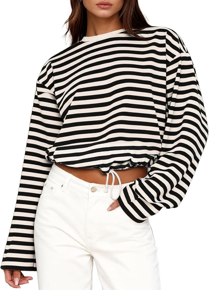 Womens Long Sleeve Sweatshirt Oversized Striped Crewneck Pullover Going Out Crop Tops Casual Outf... | Amazon (US)