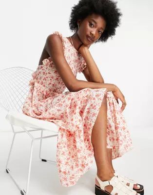 ASOS DESIGN shirred bodice tiered midi smock dress with strappy back in red ditsy floral print | ASOS (Global)