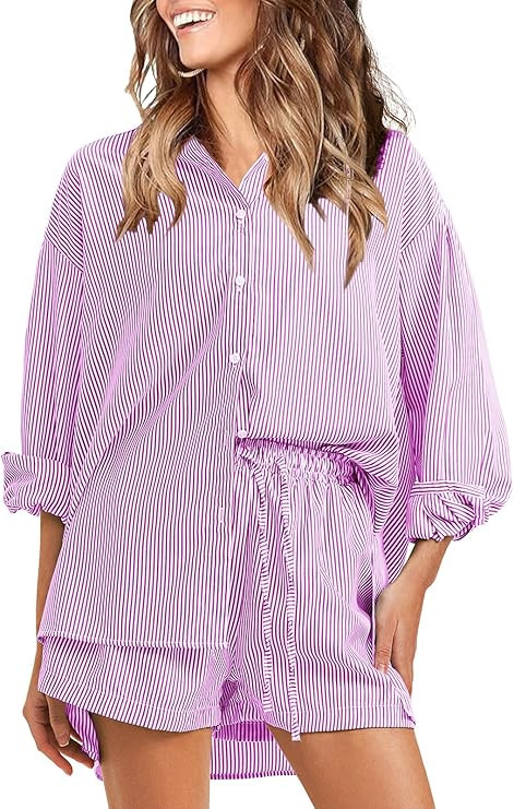 EXLURA Women's Summer 2 Piece Sets Long Sleeve Button Down Shirts Matching Short Sets Beach Vacat... | Amazon (US)