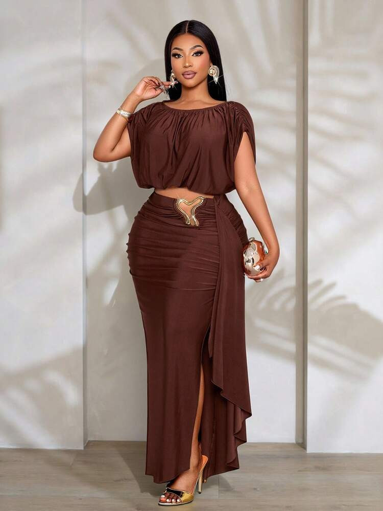 SOLERSUN Plus Size Spring/Summer New Arrival Glossy Sleeveless Top With Asymmetric Design, Metal Button, And Draped Skirt Two Pieces Set | SHEIN