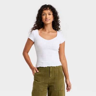 Women's Slim Fit Short Sleeve Pointelle Sweetheart Neck T-Shirt - Universal Thread™ White M | Target