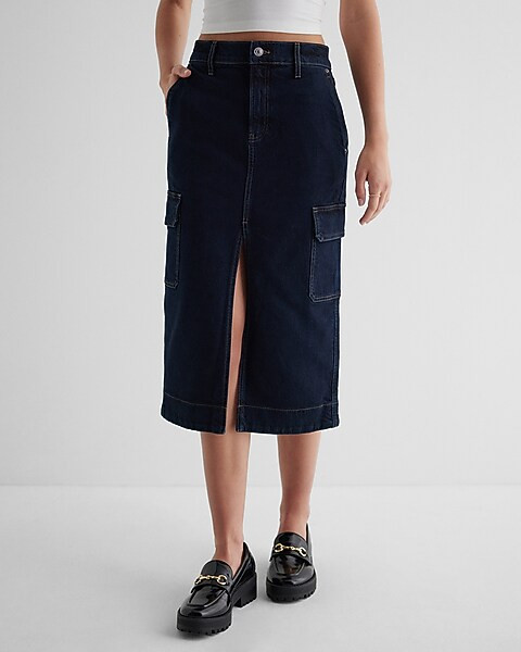High Waisted Cargo Front Slit Midi Denim Skirt | Express