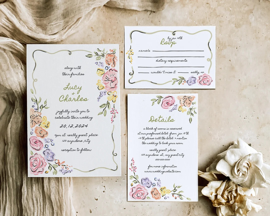 Floral Wedding Invitation Suite | Whimsical Invite | Fun Wedding Invite | Handwritten | Illustrat... | Etsy (US)