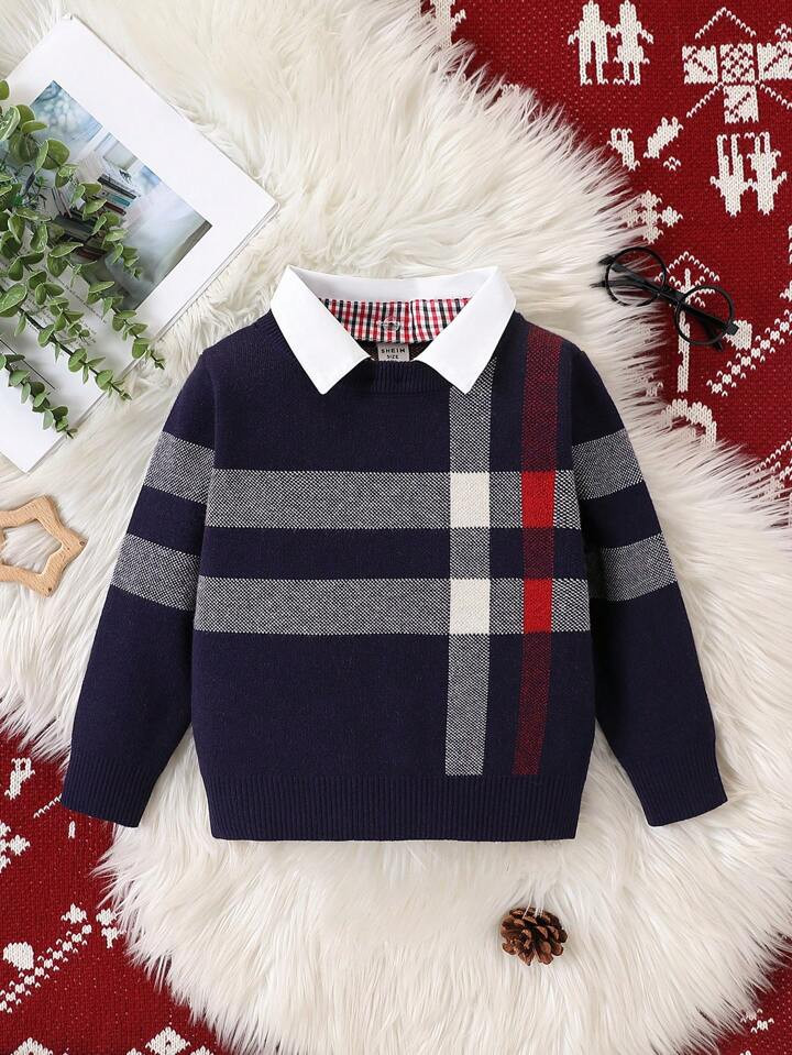 TrendsSHEIN Young Boy Colorblock Striped Print Collar Casual Long Sleeve Knit Sweater | SHEIN