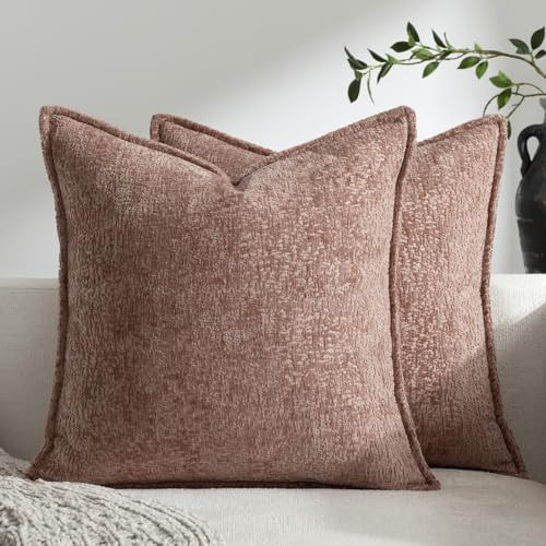 DEZENE Pack of 2 Pink Decorative Throw Pillow Covers 18x18 Cozy Soft Chenille Boho Accent Vintage Farmhouse Square Couch Pillow Covers for Home Decor Bed Sofa Living Room | Amazon (US)