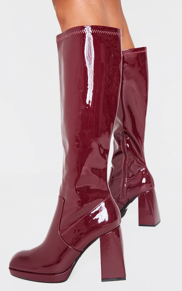 Burgundy Patent PU Square Toe High Block Heel Knee High Boots | PrettyLittleThing US