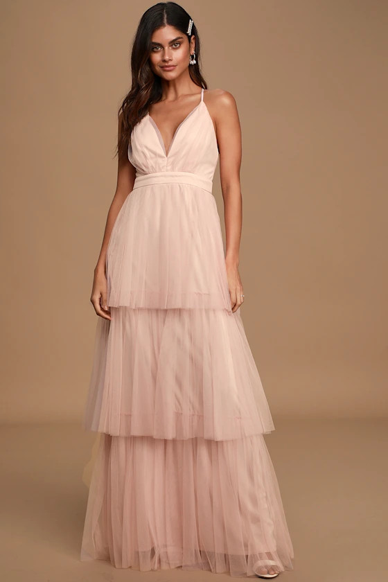 True Beauty Light Blush Backless Tiered Tulle Maxi Dress | Lulus (US)