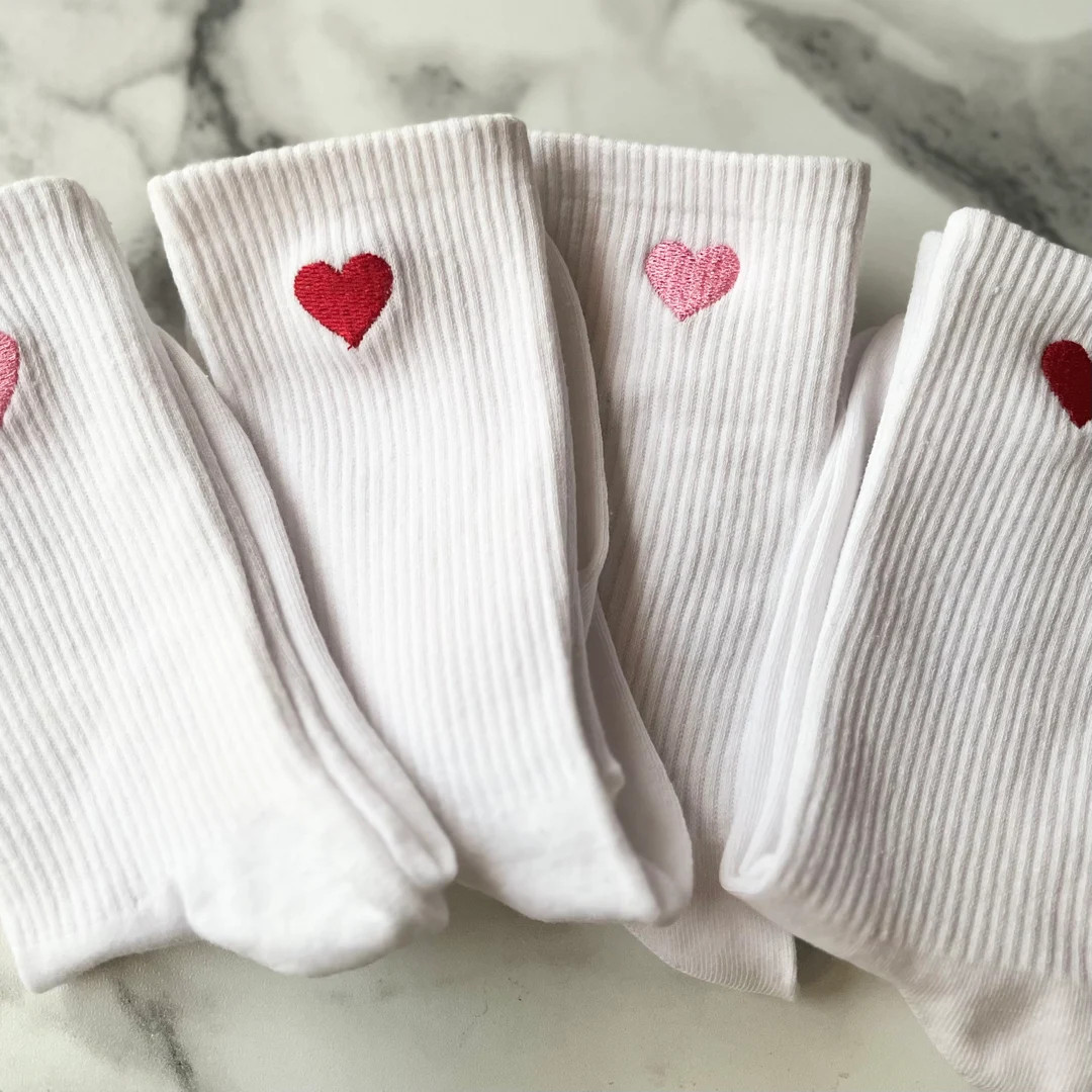 Two Pairs White Socks, Heart Socks, Love Socks, Pink Heart Socks, Valentines Day Socks, Valentine... | Etsy (US)
