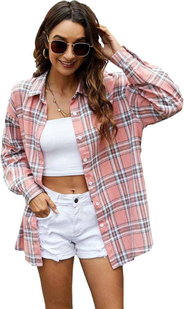Bozanly Flannel Buffalo Plaid Shirts for Women Oversized Button Down Shacket Blouse Tops | Amazon (US)