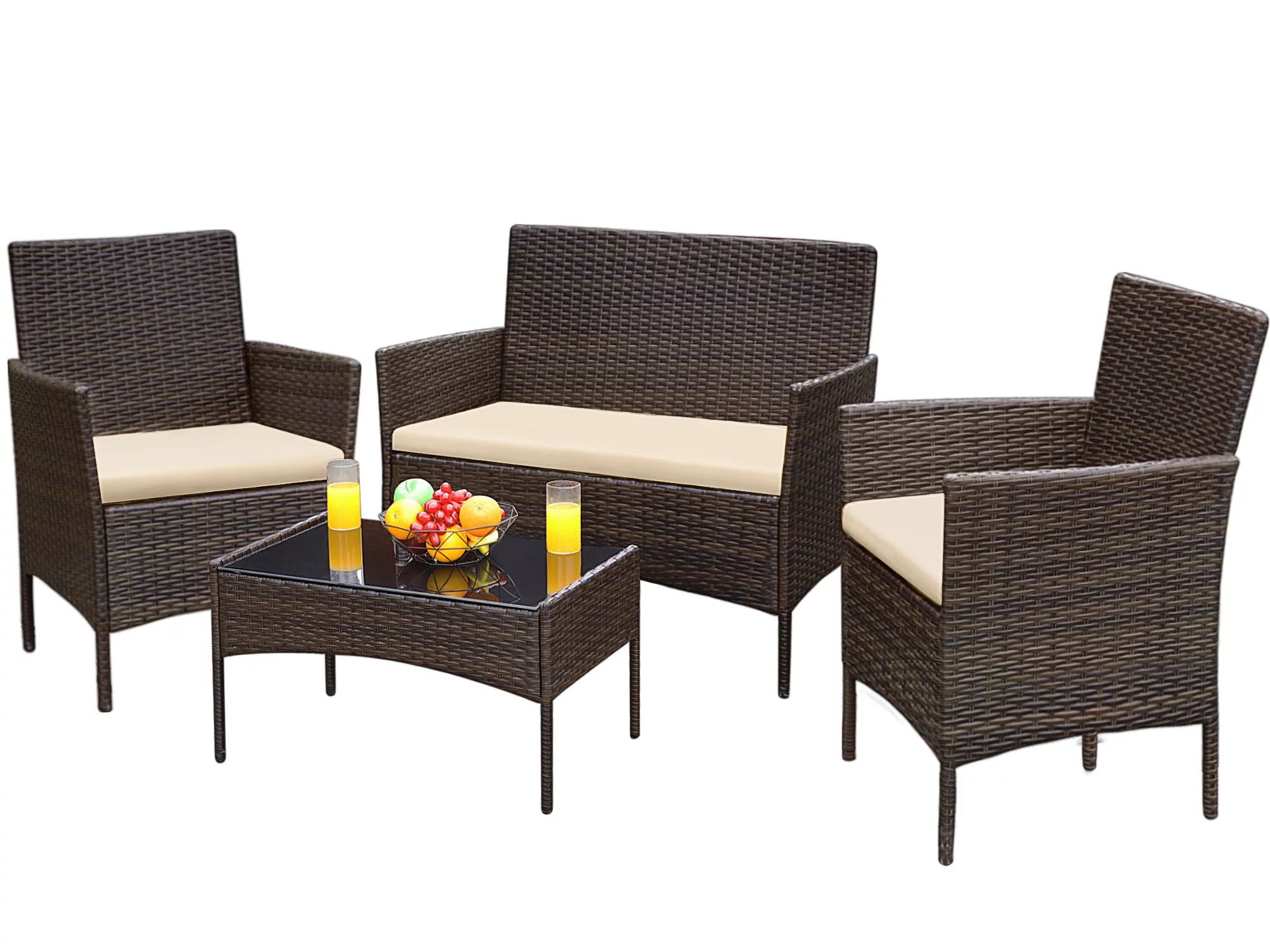 Devoko 4 Pieces Outdoor Patio Conversation Set PE Rattan Wicker Furniture Set, Brown/Beige | Walmart (US)