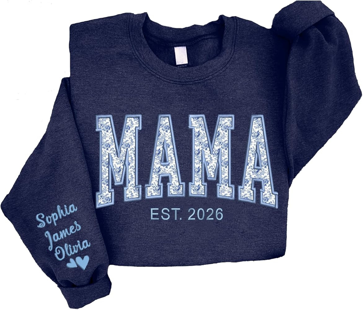 NAZENTI Personalized Floral Applique Embroidery Mama Sweatshirt, Custom Grandma Sweatshirt, Mama ... | Amazon (US)