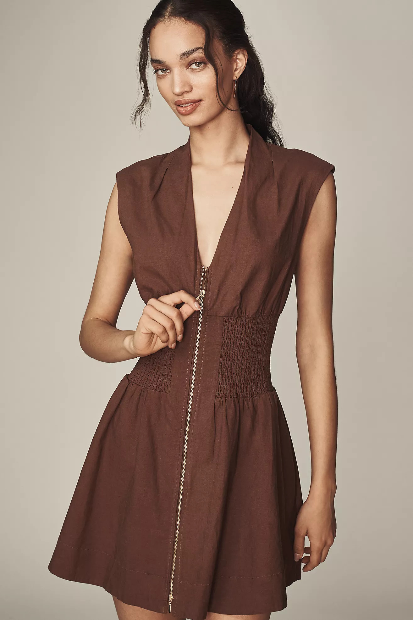 The Tommie Cap-Sleeve Smocked Front-Zip Shirt Dress: Linen Mini Edition | Anthropologie (US)