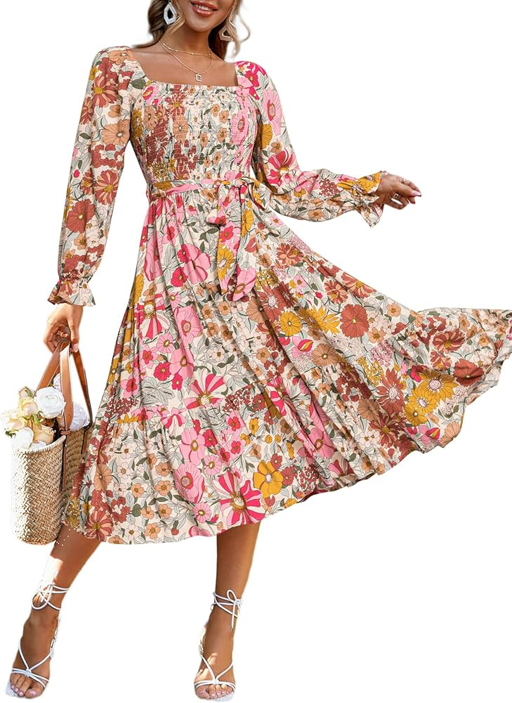 Simplee Womens Long Sleeve Maxi Dress Casual Square Neck Smocked Flowy Fall Wedding Guest Dresses | Amazon (US)