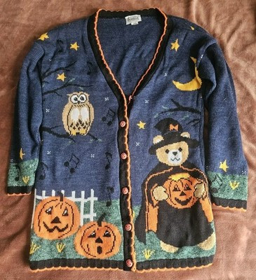 RARE VINTAGE ARIELLE 90S HALLOWEEN PUMPKIN OWL BEAR KNIT CARDIGAN SWEATER SZ L | eBay US