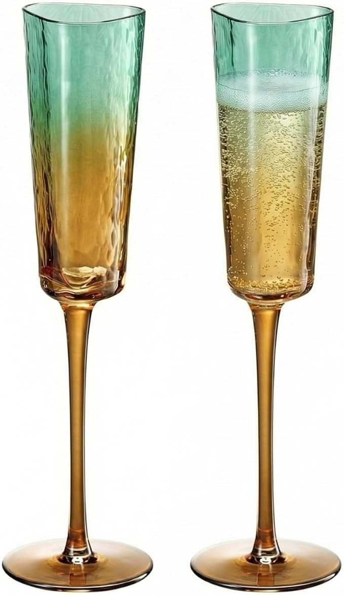 Gold and Teal Hammered Champagne Flute Glasses, 2 Set, 6.1oz Flutes Colored Art Deco Vintage Glas... | Amazon (US)