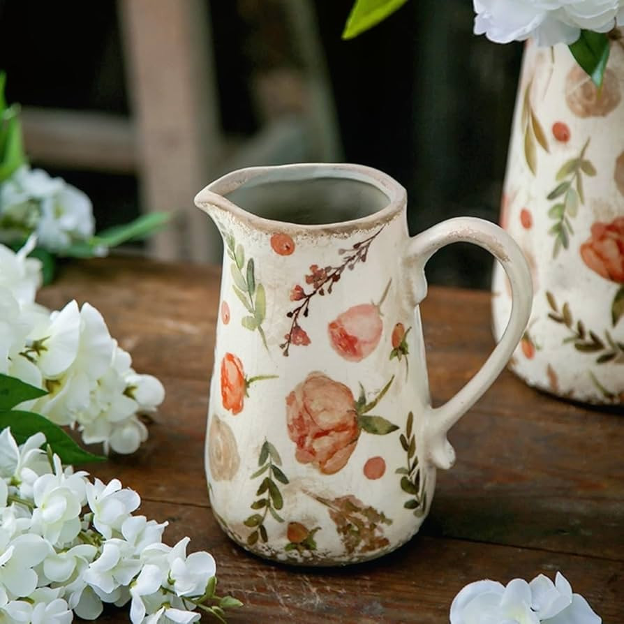 Vintage Fruit and Floral Ceramic Vase with Handle, Retro Ice Glazed Crack Farmhouse Pitcher Vase ... | Amazon (US)