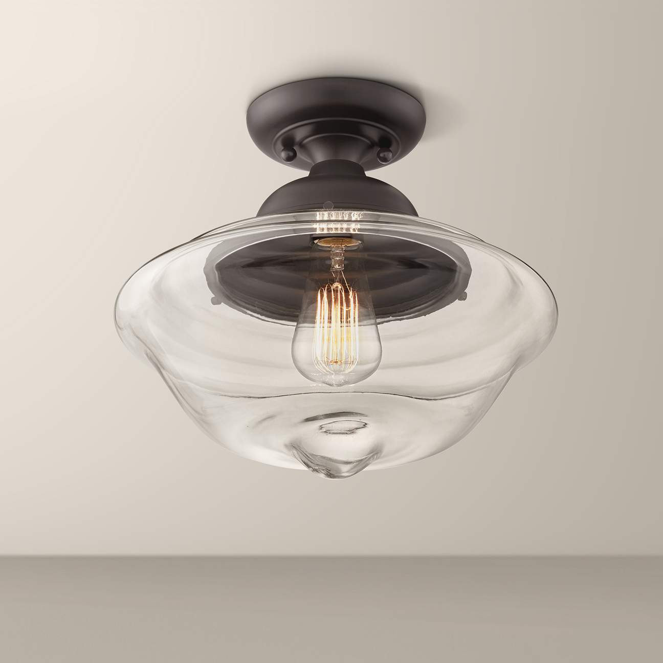 Schoolhouse 13" Wide Black Clear Glass Ceiling Light | LampsPlus.com