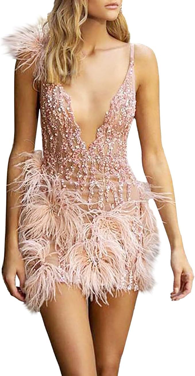 VAIFTILNO Women Sexy Deep V-Neck Rhinestone Mini Party Dress High-end Feather Decor Short Boydcon... | Amazon (US)