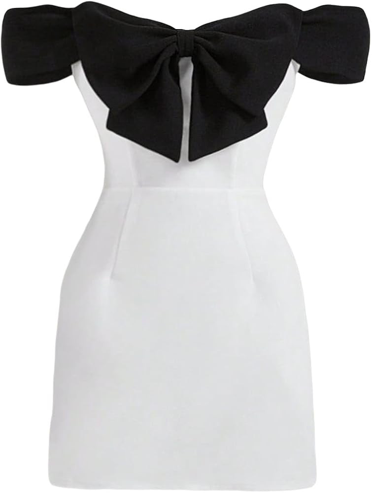 Women's Off Shoulder Bow Dress Colorblock Strapless A-line Mini Party Dresses | Amazon (US)
