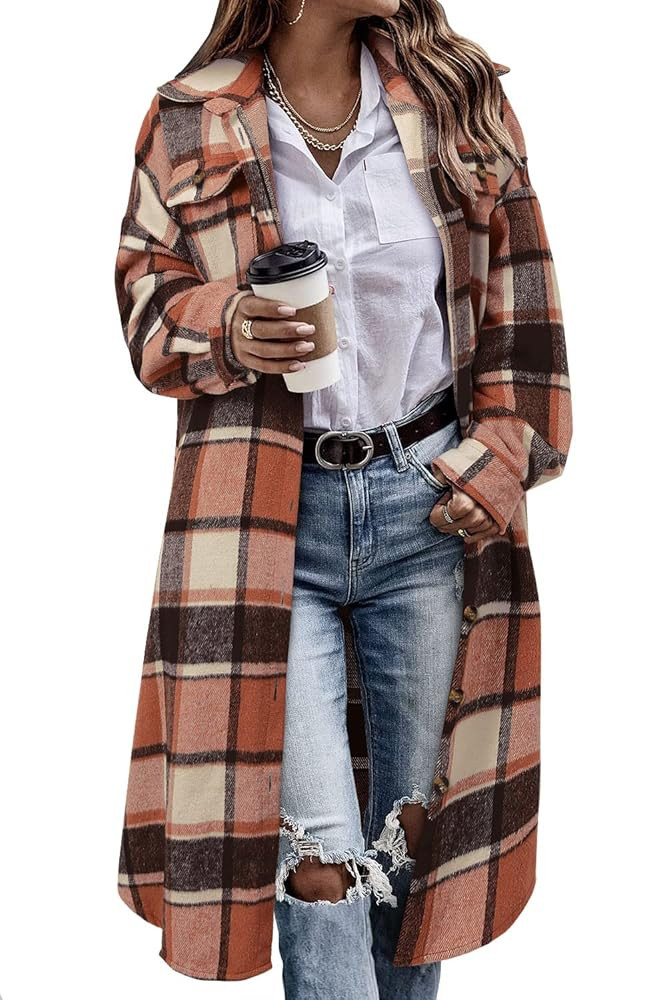 CHICZONE Womens Plaid Shacket Jacket Long Corduroy Shirt Casual Lapel Button Down Flannel Trench ... | Amazon (US)
