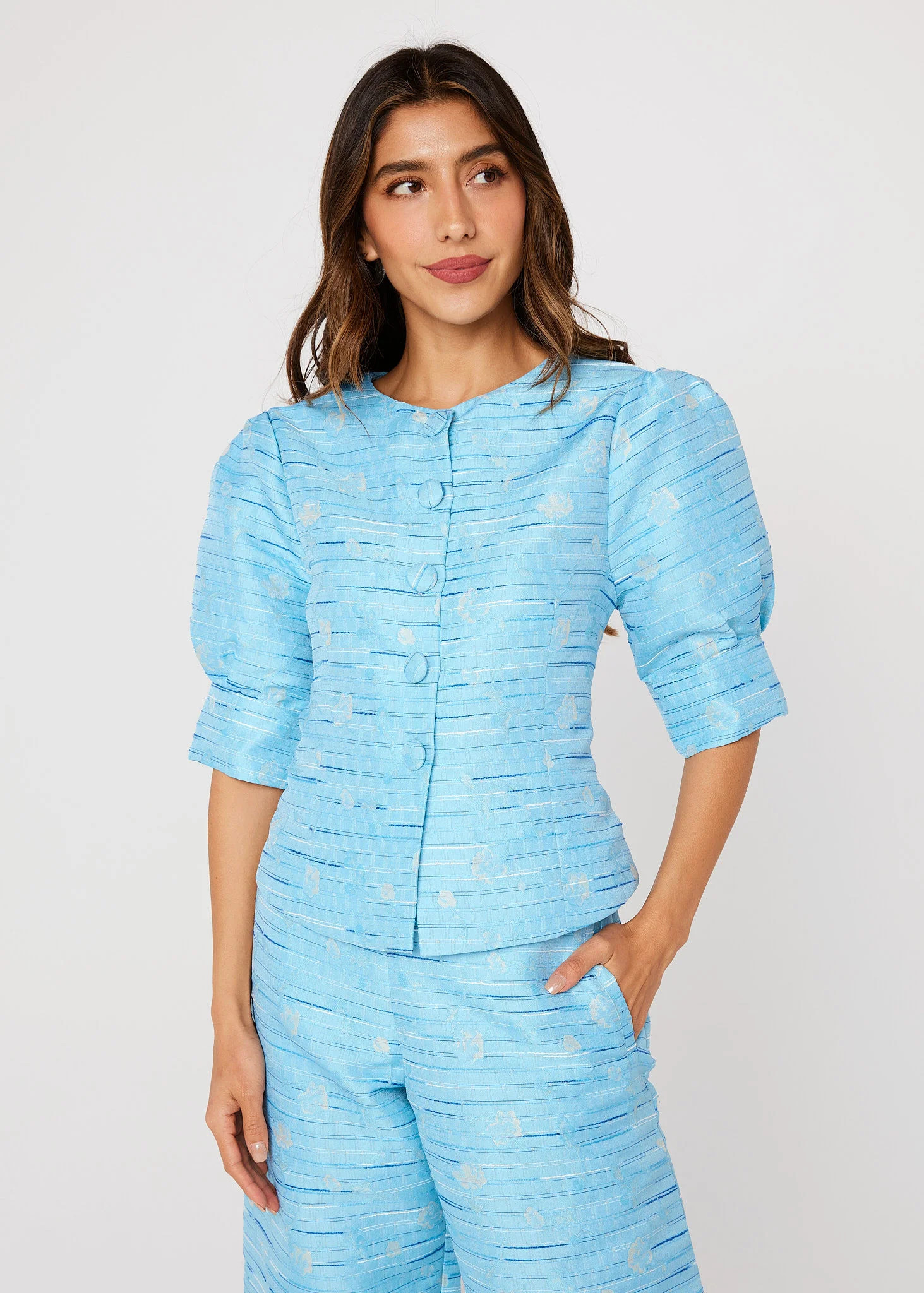 Cleo Top Blue Textured Dupioni | Abbey Glass