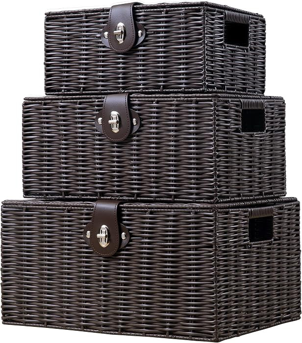 Set of 3 Woven Wicker Storage Basket Box with Lids & Lock, Built-in Carry Handles, Multifunctional Storage Organizer for Nursery, Baby, Clothes, Toys, Books, Large/Medium/Small Size (Brown) | Amazon (US)
