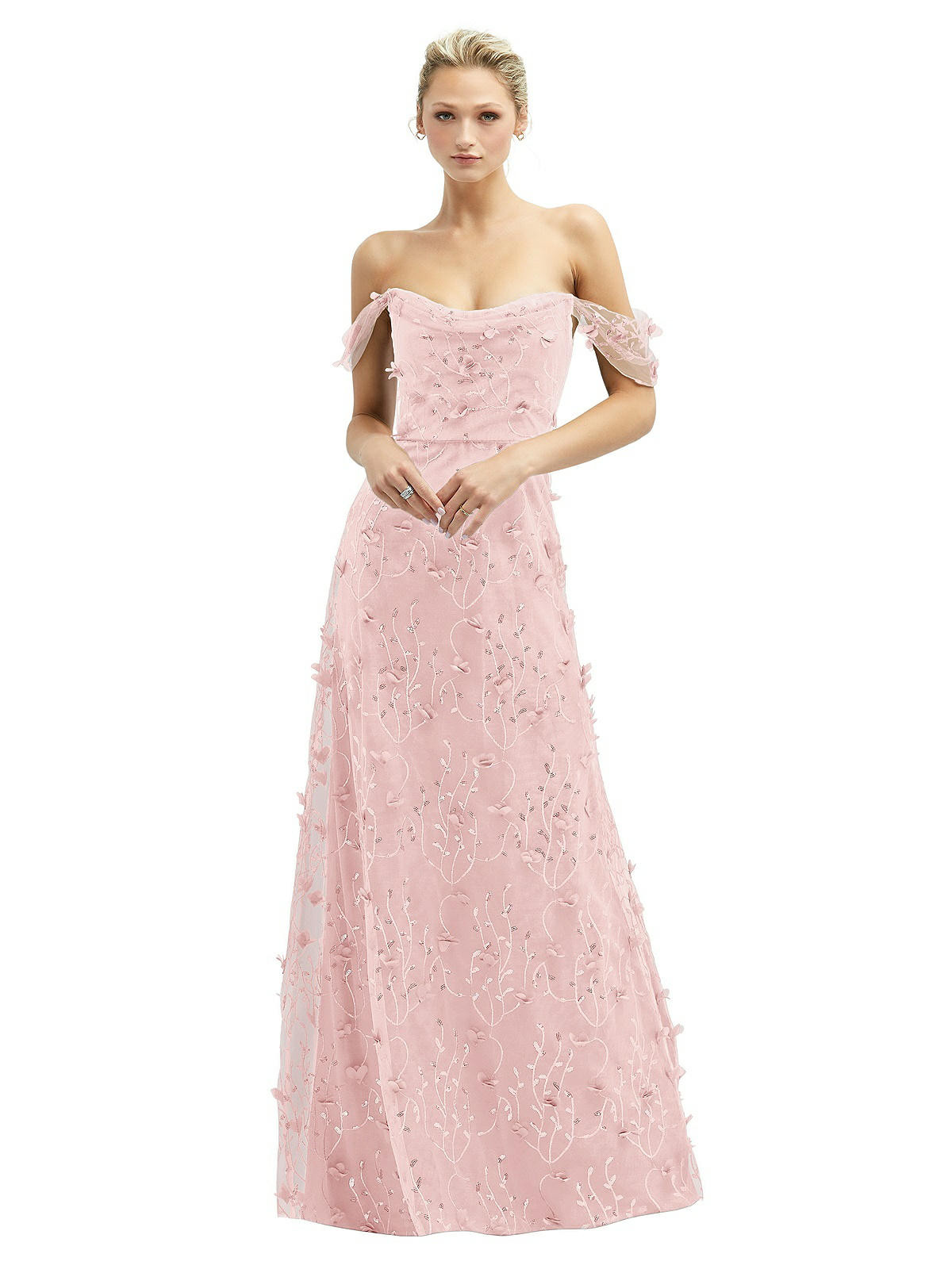 Off-the-Shoulder A-line 3D Floral Embroidered Dress in Rose | Dessy Group