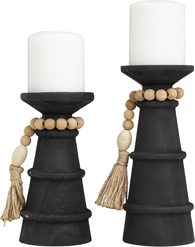 Deco 79 Wood Handmade Decorative Candle Holder Textured Matte Candle Stand with Beaded Garland Ac... | Amazon (US)