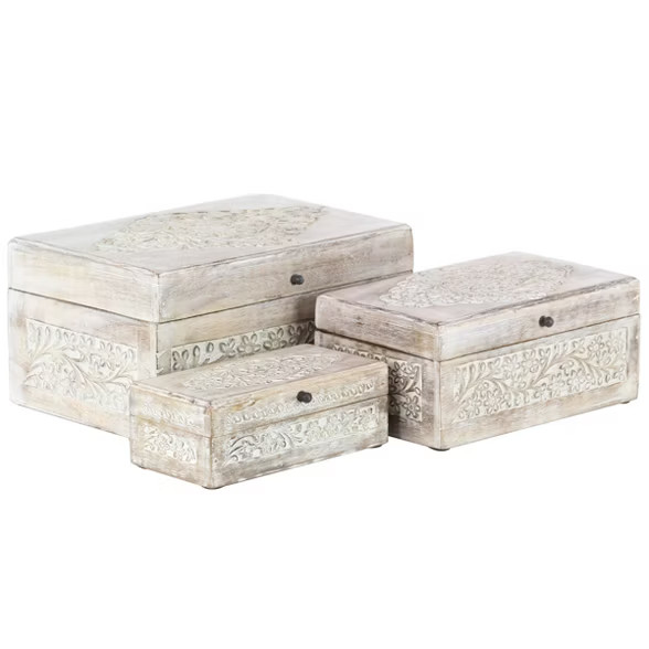 Set of 3 Natural Mango Wood Whitewashed Carved Design Boxes with Lid - Olivia & May | Target
