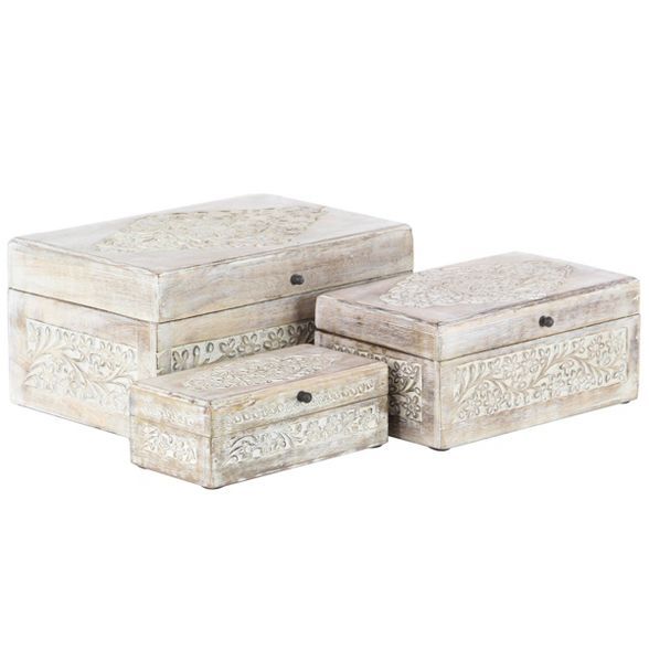 Set of 3 Natural Mango Wood Whitewashed Carved Design Boxes with Lid - Olivia & May | Target
