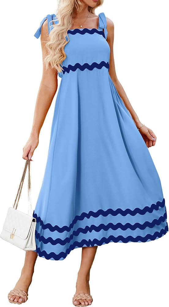 ECOWISH Women Sleeveless Maxi Dress: Summer Spaghetti Strap Shoulder Tie Square Neck Casual High ... | Amazon (US)
