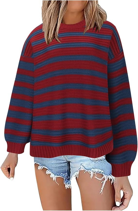 Women's 2024 Fall Long Balloon Sleeve Knit Sweater Tops Classic Oversize Crew Neck Striped Sweate... | Amazon (US)
