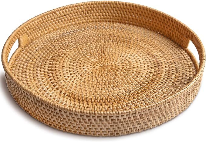 HITOMEN Hand-Woven Round Rattan Serving Tray with Handles Wicker Platter for Bread, Fruit for Cof... | Amazon (US)
